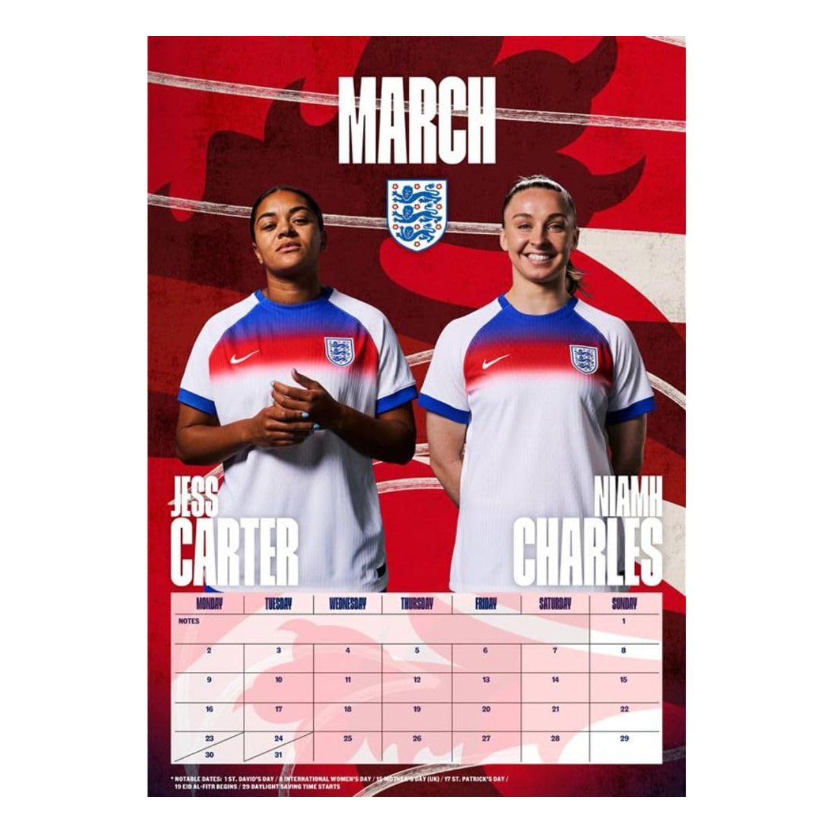 Red-Blue-White - Side - England Lionesses 2026 A3 Wall Calendar
