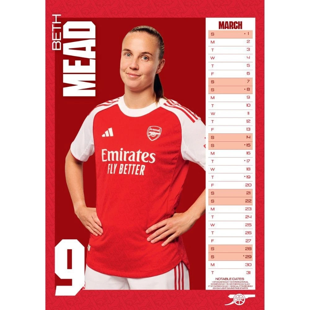Red-White - Back - Arsenal WFC 2026 A3 Wall Calendar