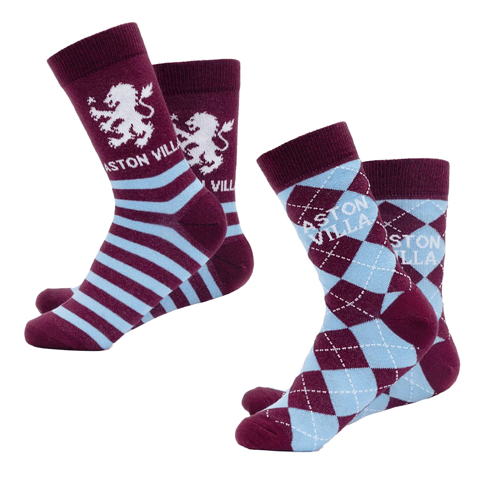 Claret-Sky Blue-Yellow - Front - Aston Villa FC Unisex Adult Dress Socks (Pack of 2)