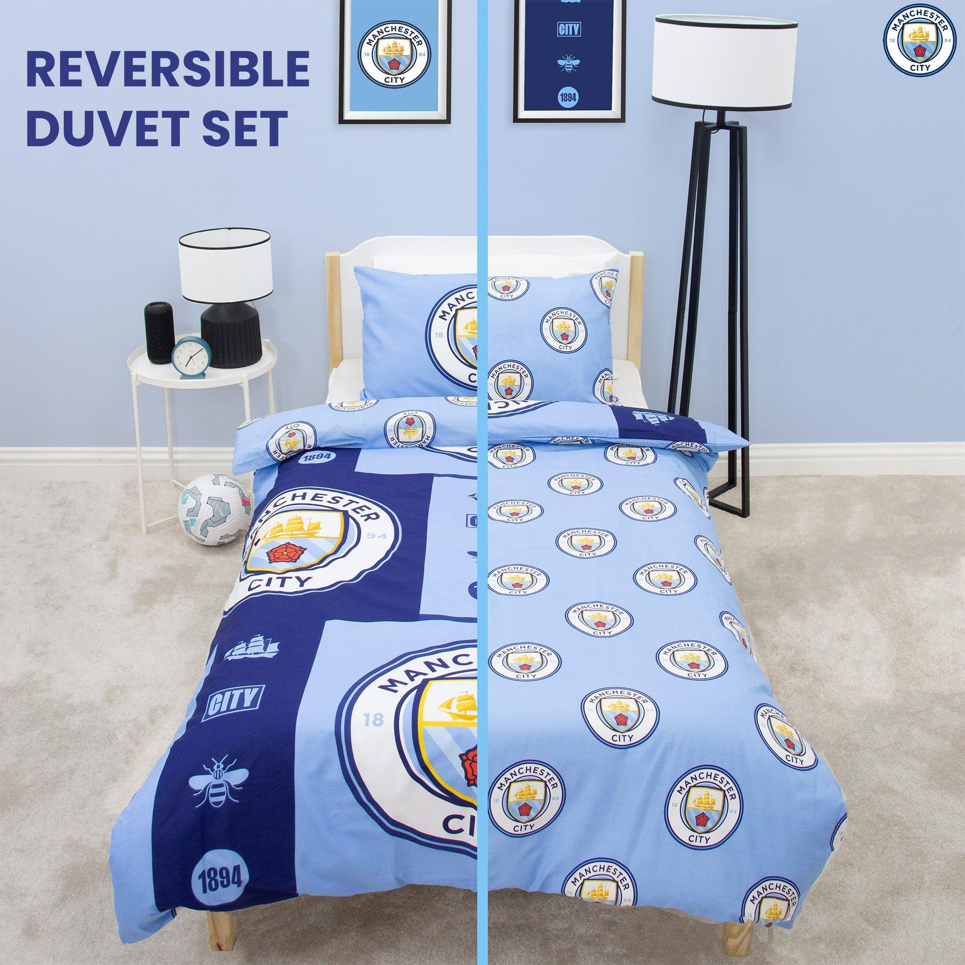 Multicoloured - Side - Manchester City FC Reversible Crest Duvet Set