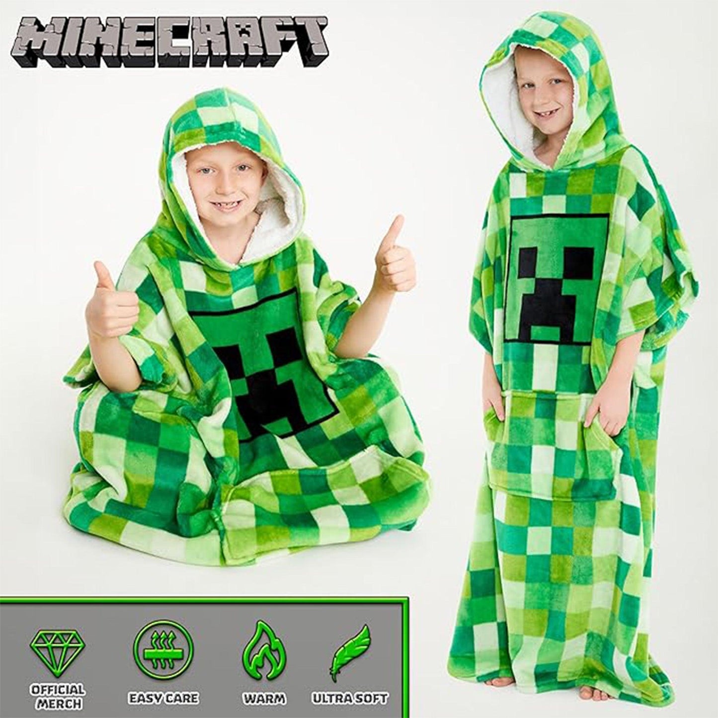 Green - Back - Minecraft Childrens-Kids Fleece Blanket Hoodie