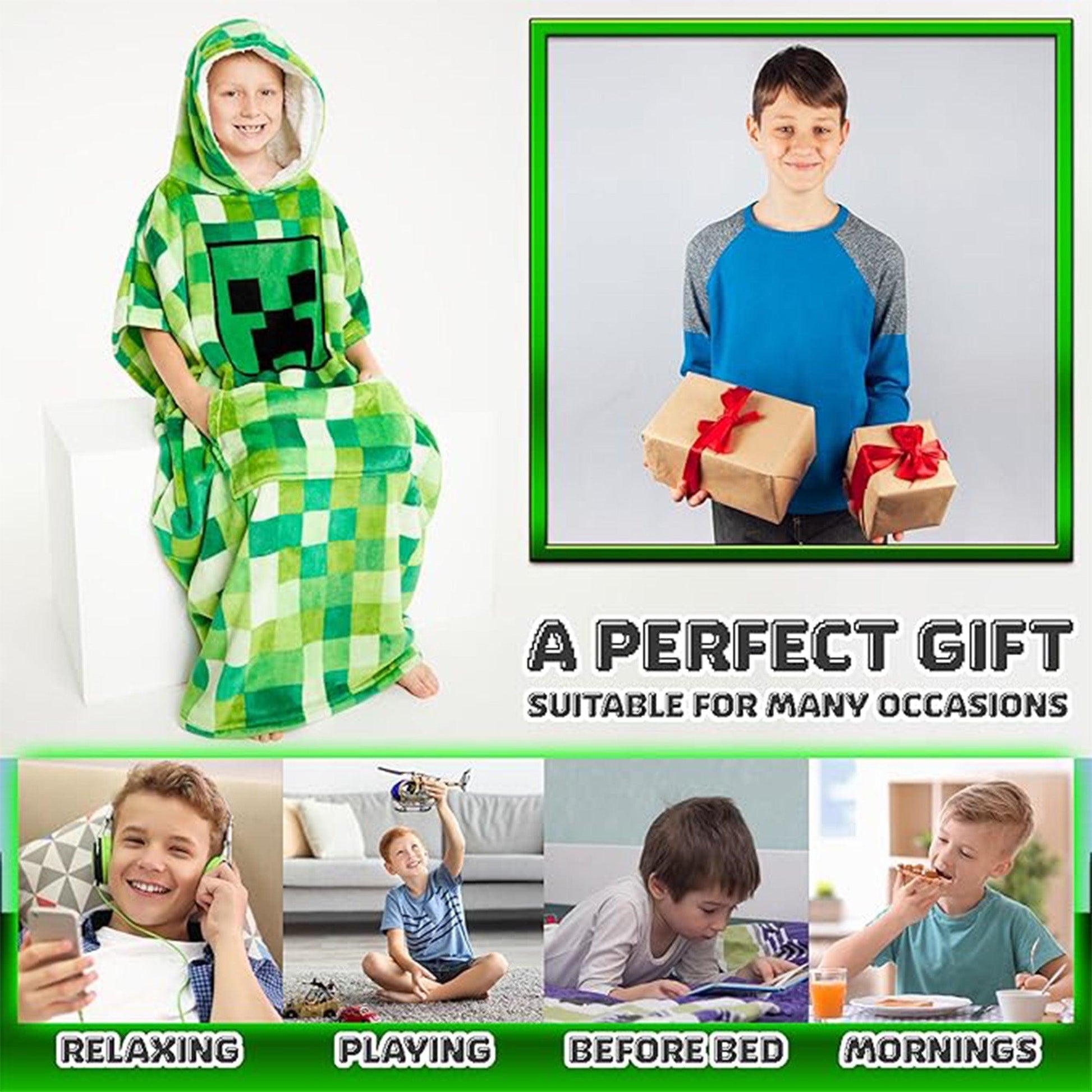 Green - Side - Minecraft Childrens-Kids Fleece Blanket Hoodie