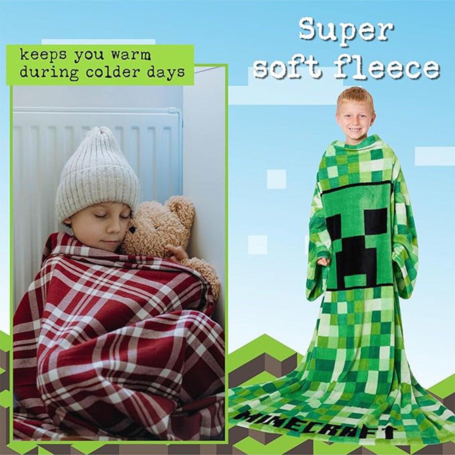 Green - Lifestyle - Minecraft Childrens-Kids Fleece Blanket Hoodie
