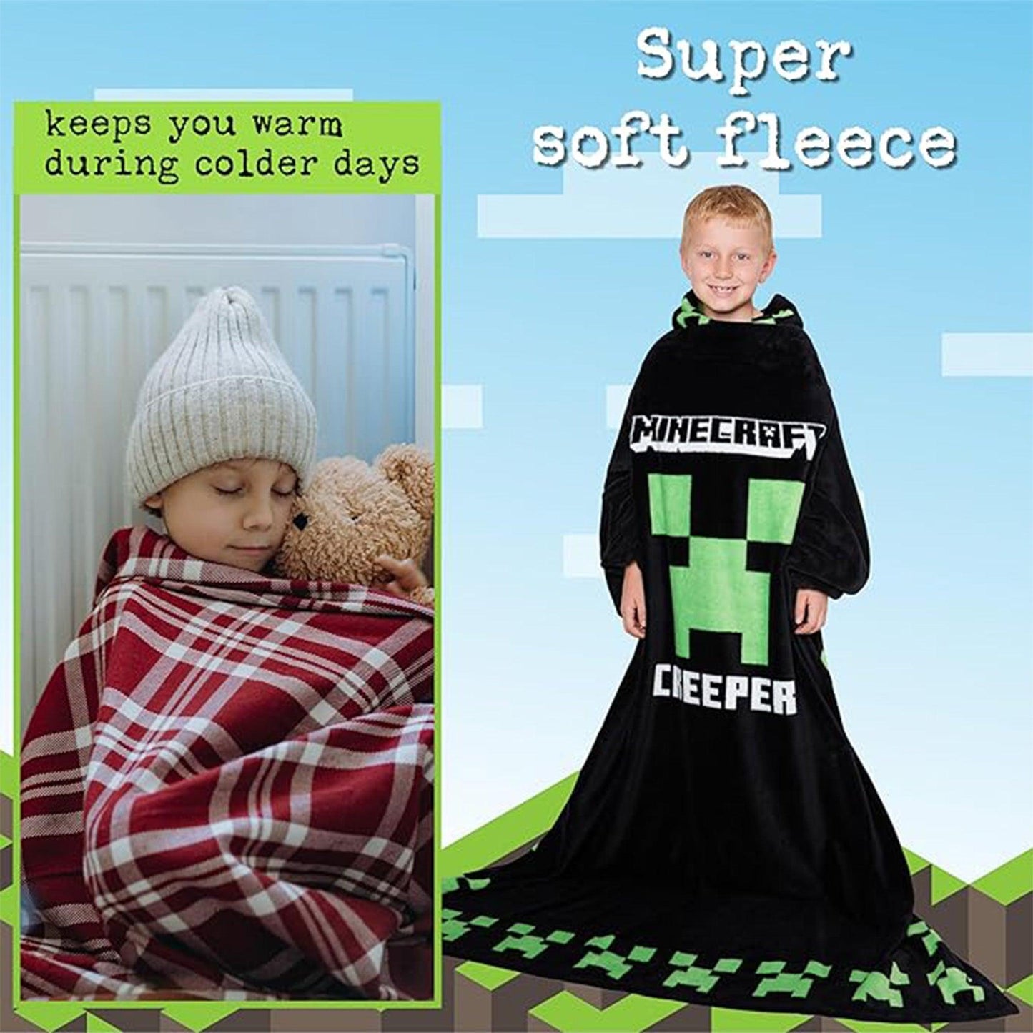 Black-Green - Side - Minecraft Unisex Adult Fleece Blanket Hoodie