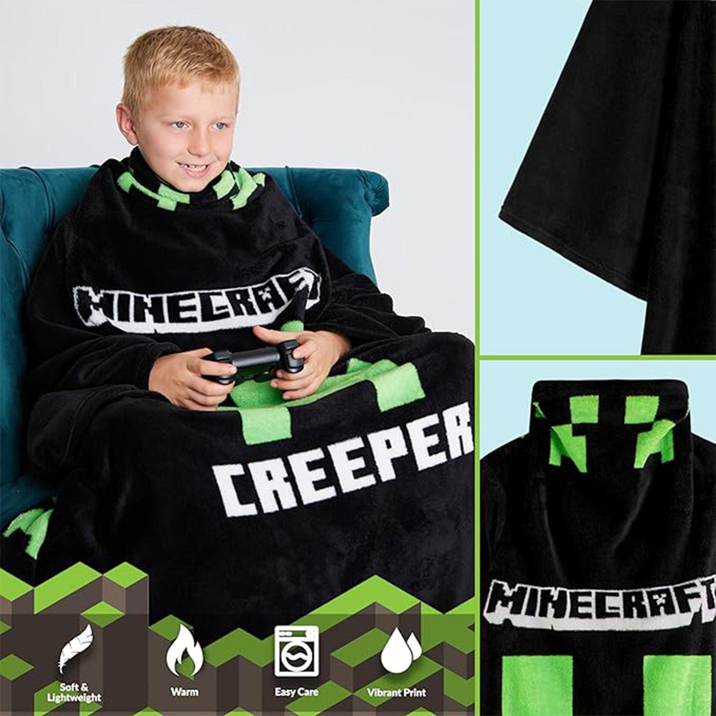 Black-Green - Pack Shot - Minecraft Unisex Adult Fleece Blanket Hoodie