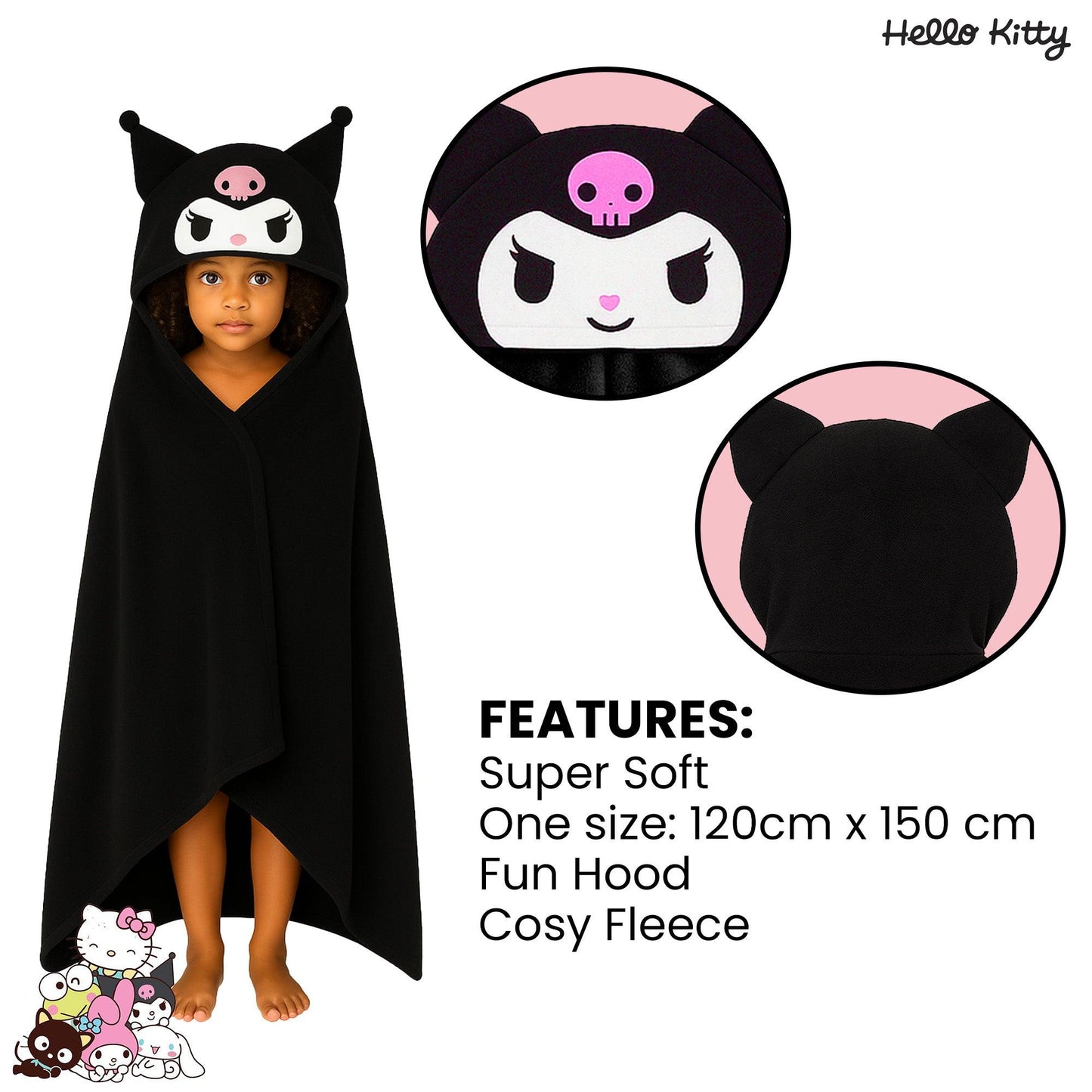 Black - Back - Hello Kitty Childrens-Kids Kuromi Wrap Blanket Hoodie