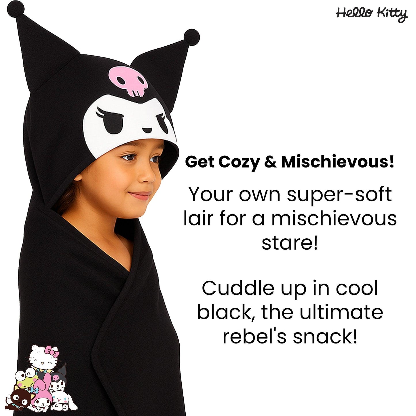 Black - Side - Hello Kitty Childrens-Kids Kuromi Wrap Blanket Hoodie