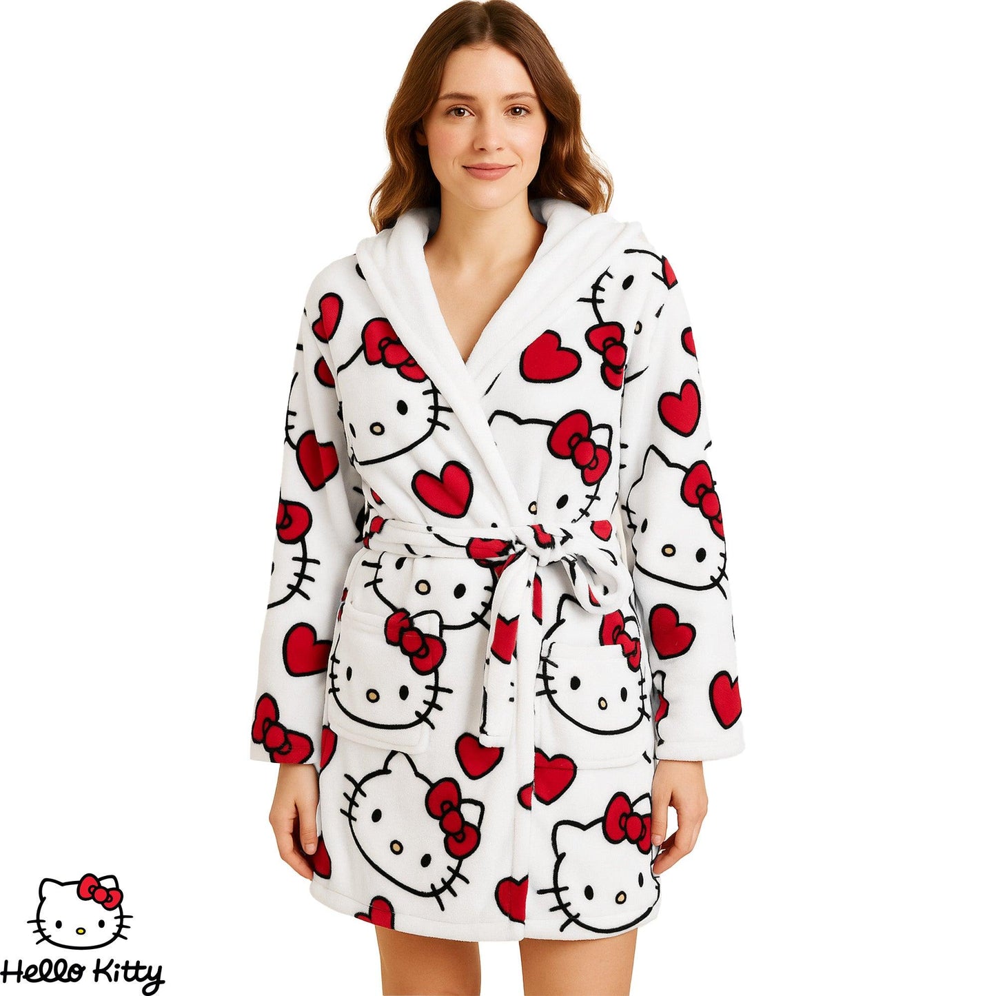 White-Red-Black - Lifestyle - Hello Kitty Womens-Ladies 3D Ears Fleece Robe