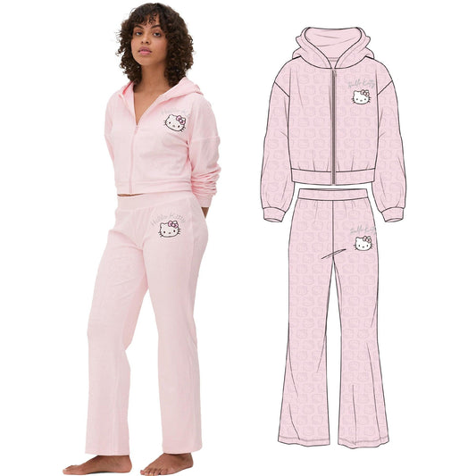 Pink - Front - Hello Kitty Womens-Ladies Velvet Feel Straight Leg Tracksuit