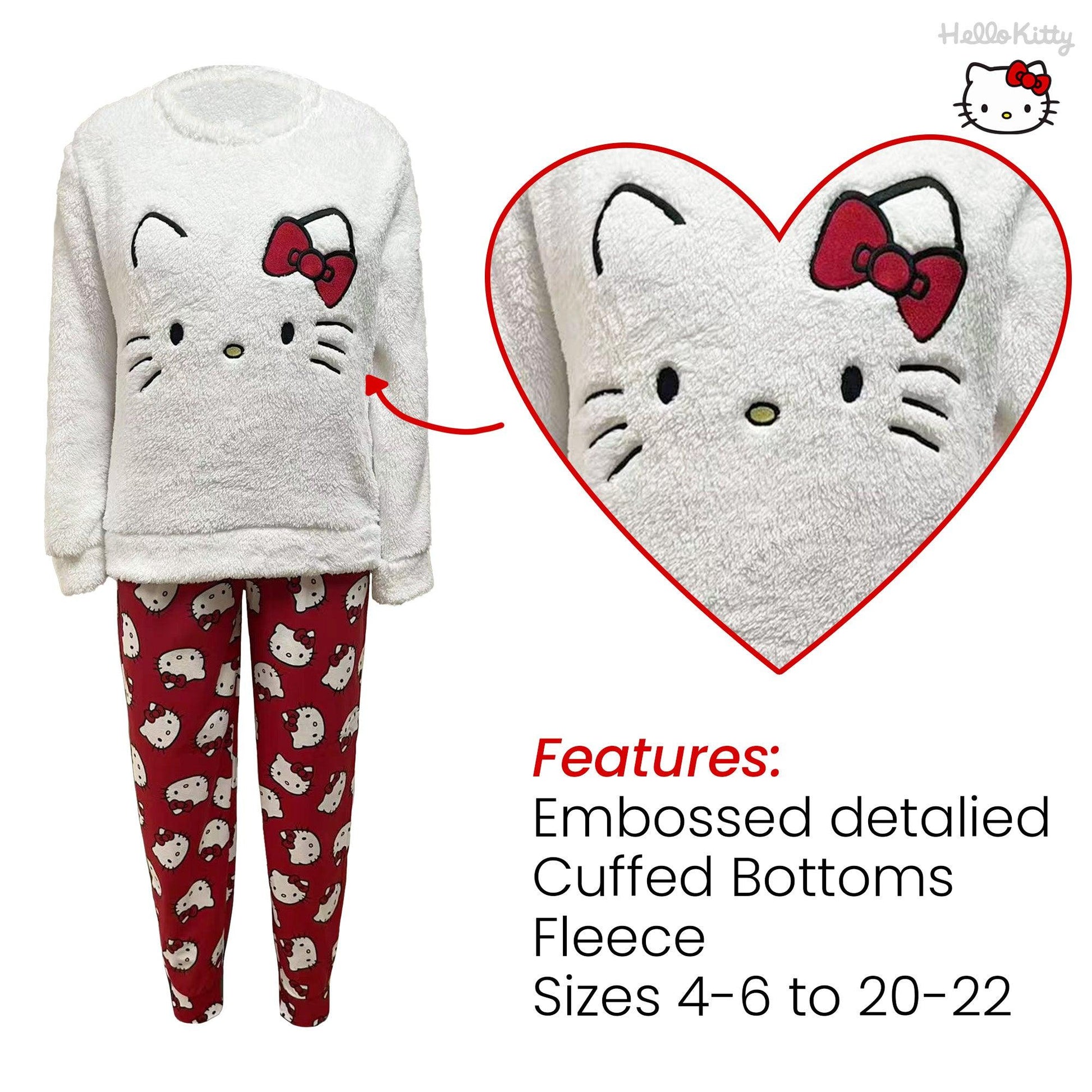 White-Red - Back - Hello Kitty Womens-Ladies Fleece Long Pyjama Set