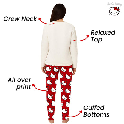 White-Red - Side - Hello Kitty Womens-Ladies Fleece Long Pyjama Set