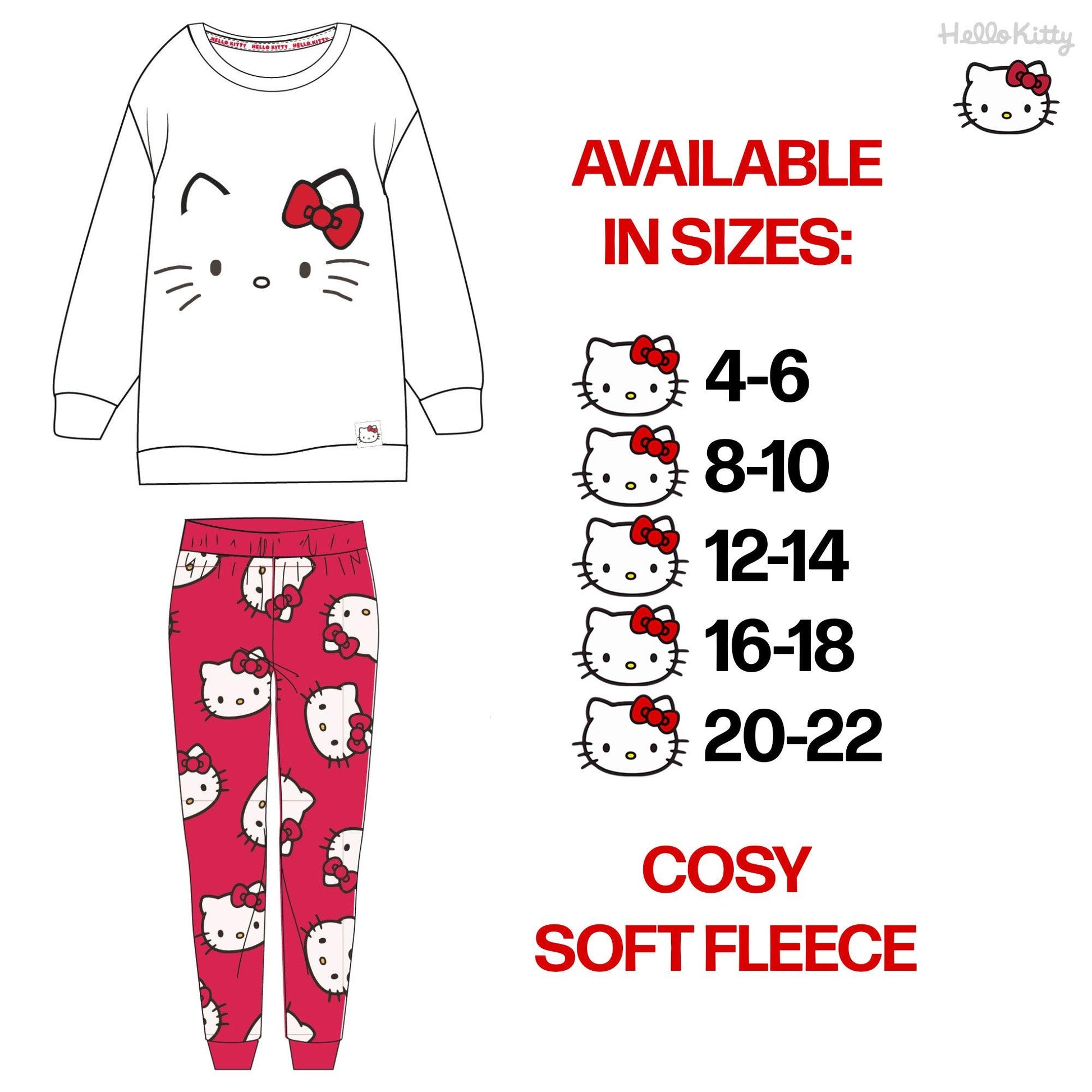 White-Red - Lifestyle - Hello Kitty Womens-Ladies Fleece Long Pyjama Set