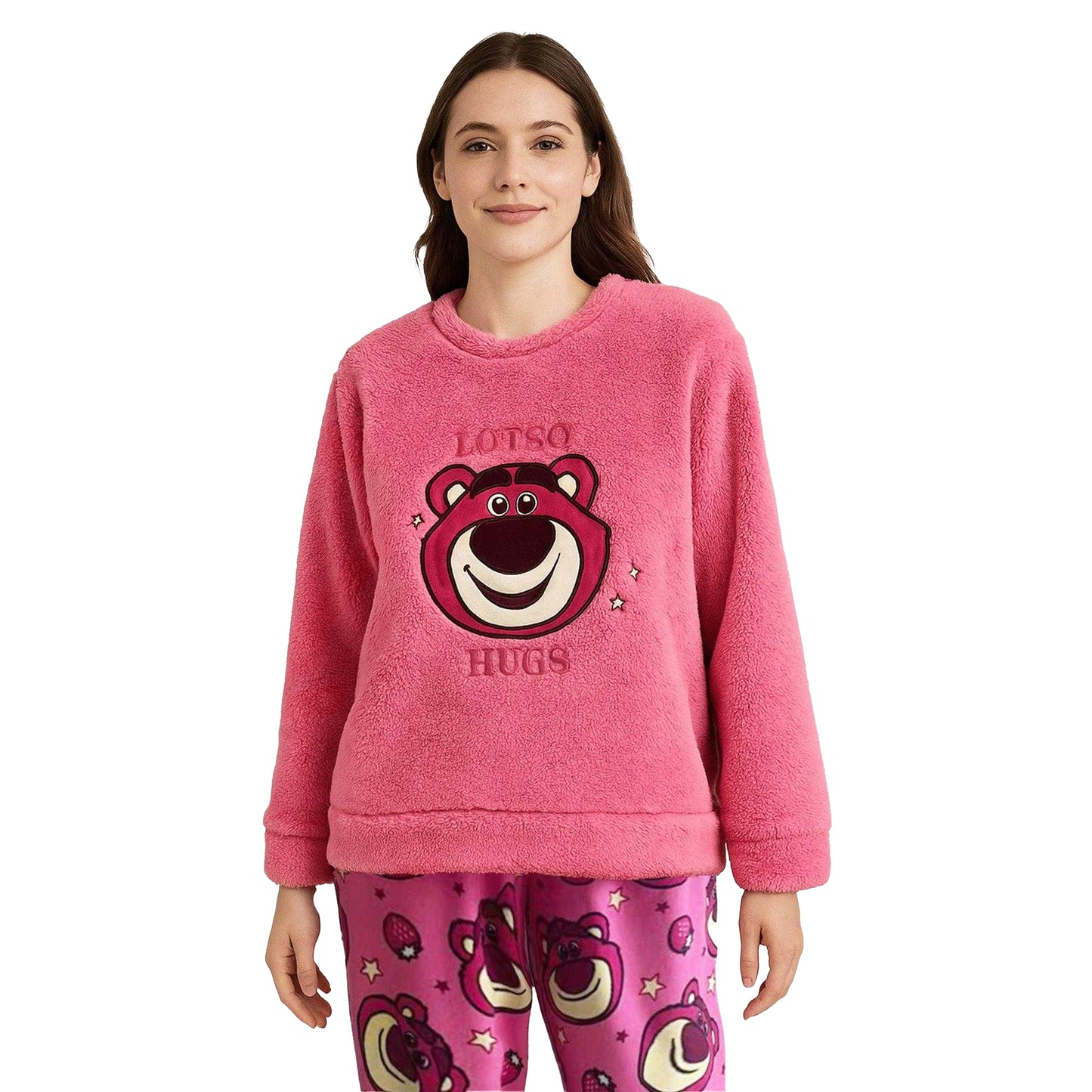 Pink - Side - Toy Story 3 Womens-Ladies Lotso Embossed Fleece Long Pyjama Set