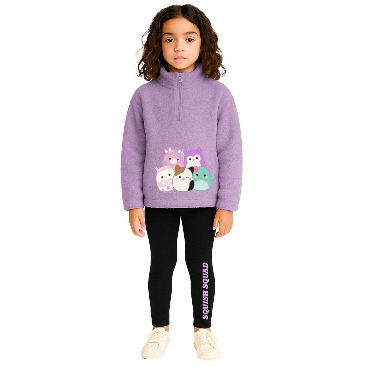 Purple-Black - Side - Squishmallows Girls Borg Half Zip Loungewear Set