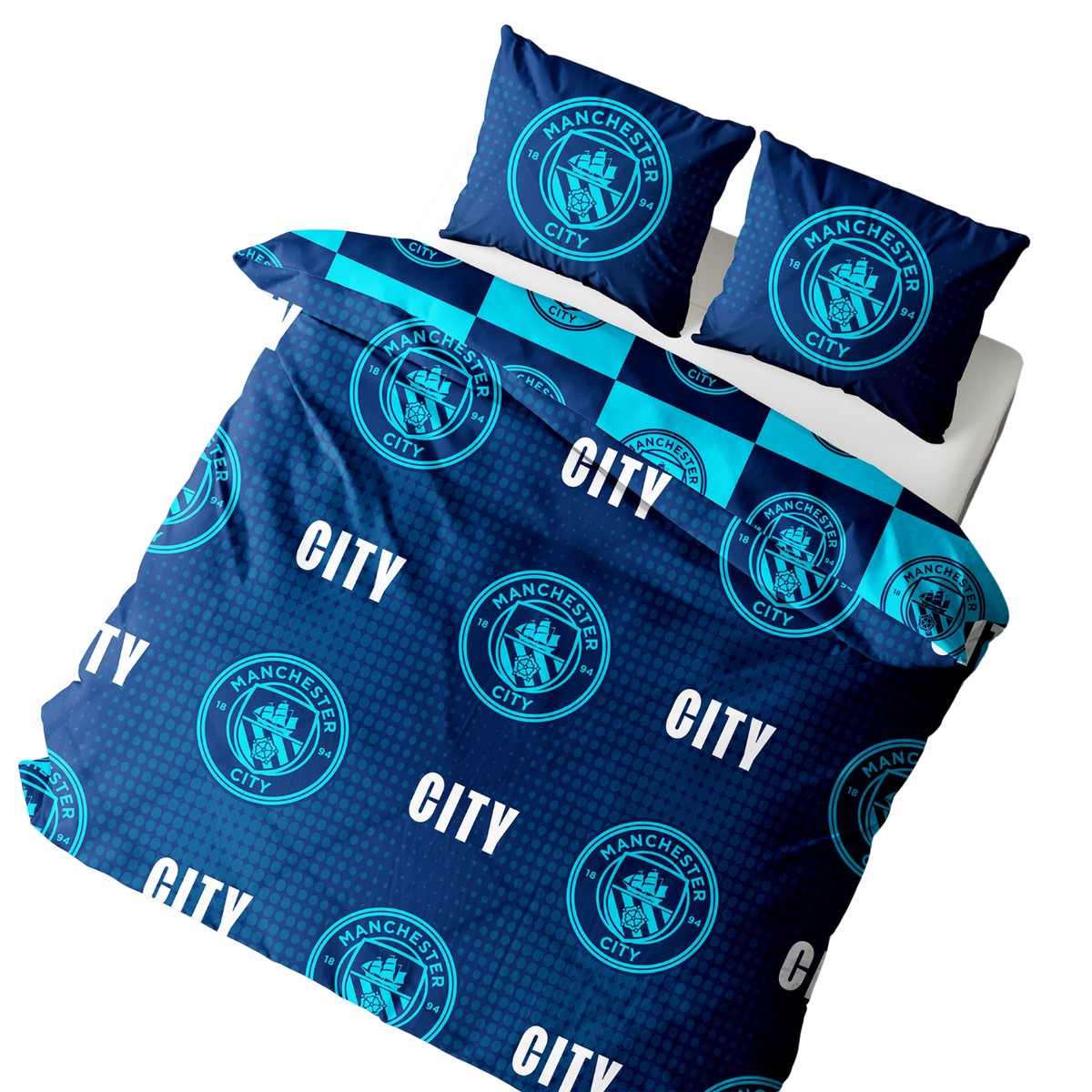Navy Blue-Blue - Side - Manchester City FC Crest Reversible Duvet Set