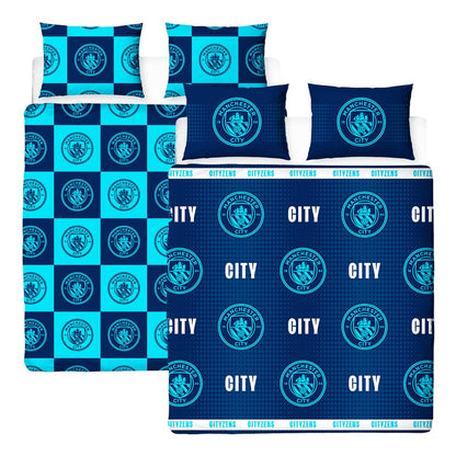 Navy Blue-Blue - Back - Manchester City FC Crest Reversible Duvet Set