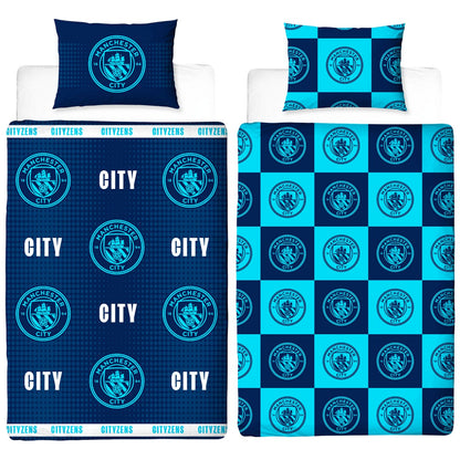 Navy Blue-Blue - Front - Manchester City FC Crest Reversible Duvet Set