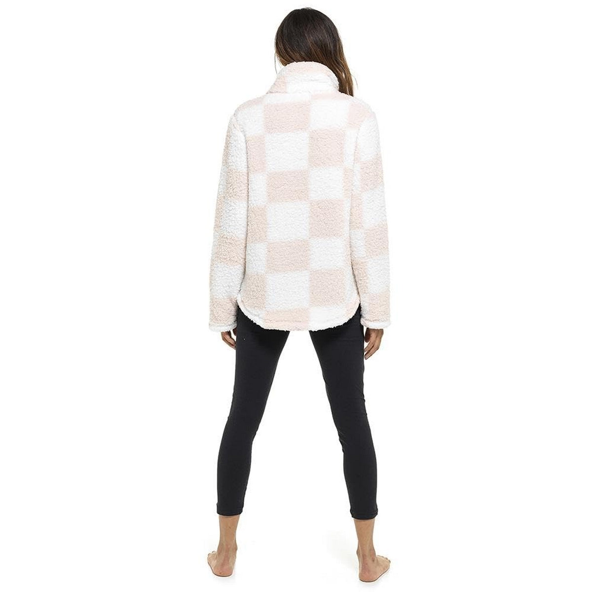 Pink-White - Back - Keanu Womens-Ladies Checked Sherpa Fleece Quarter Zip Pullover