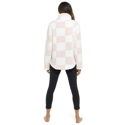 Pink-White - Back - Keanu Womens-Ladies Checked Sherpa Fleece Quarter Zip Pullover