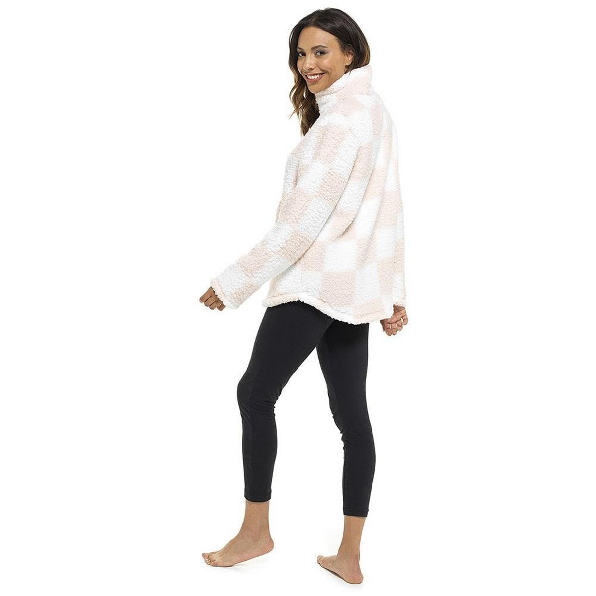 Pink-White - Side - Keanu Womens-Ladies Checked Sherpa Fleece Quarter Zip Pullover