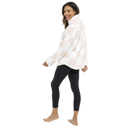 Pink-White - Side - Keanu Womens-Ladies Checked Sherpa Fleece Quarter Zip Pullover