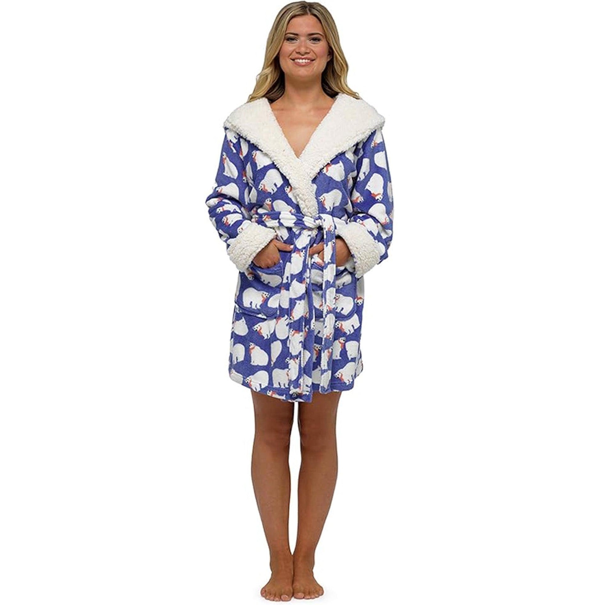 White-Blue - Front - Keanu Womens-Ladies Polar Bear Fleece Hooded Dressing Gown