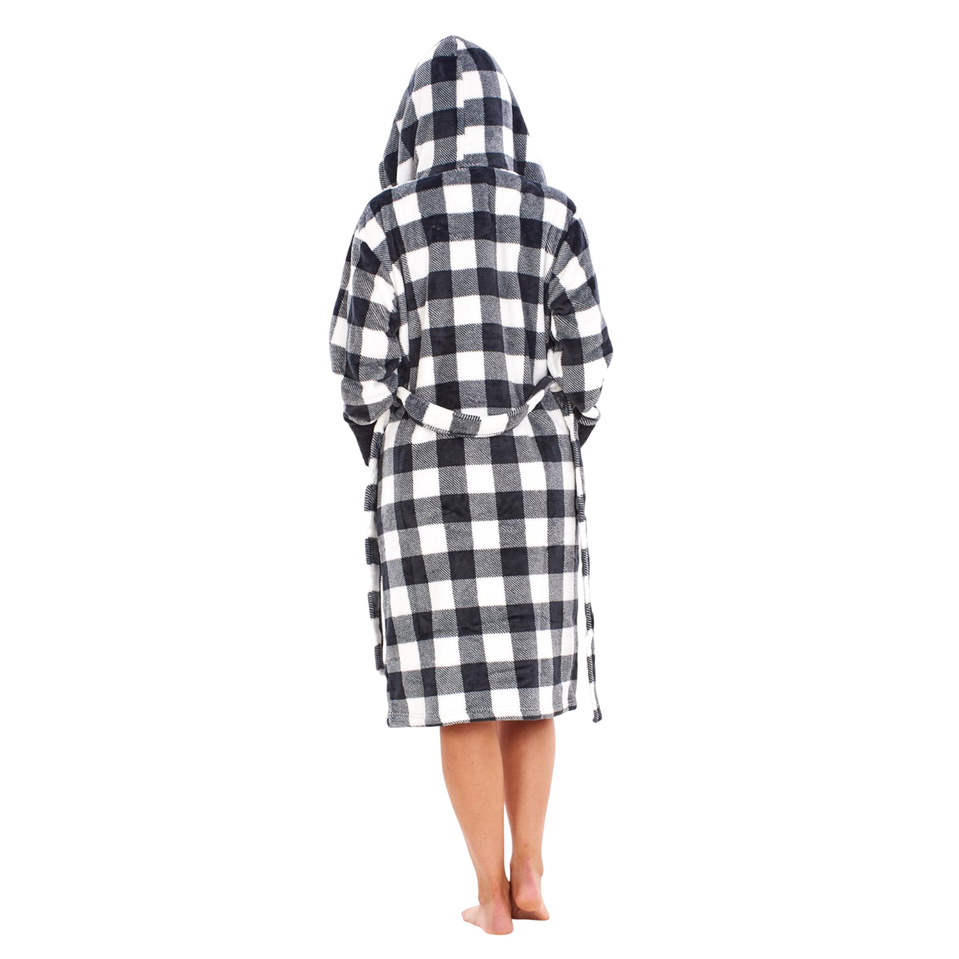 Black-White - Back - Keanu Womens-Ladies Checked Sherpa Fleece Dressing Gown