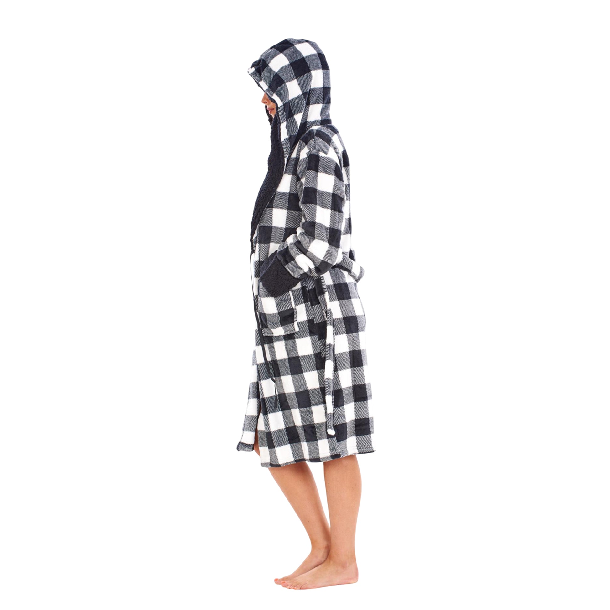 Black-White - Side - Keanu Womens-Ladies Checked Sherpa Fleece Dressing Gown