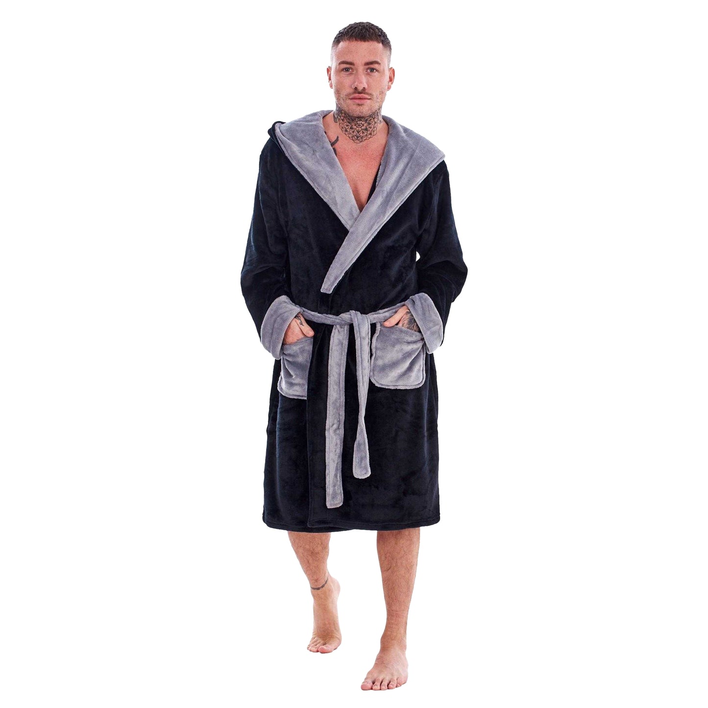 Black-Grey - Side - Keanu Mens Fleece Dressing Gown