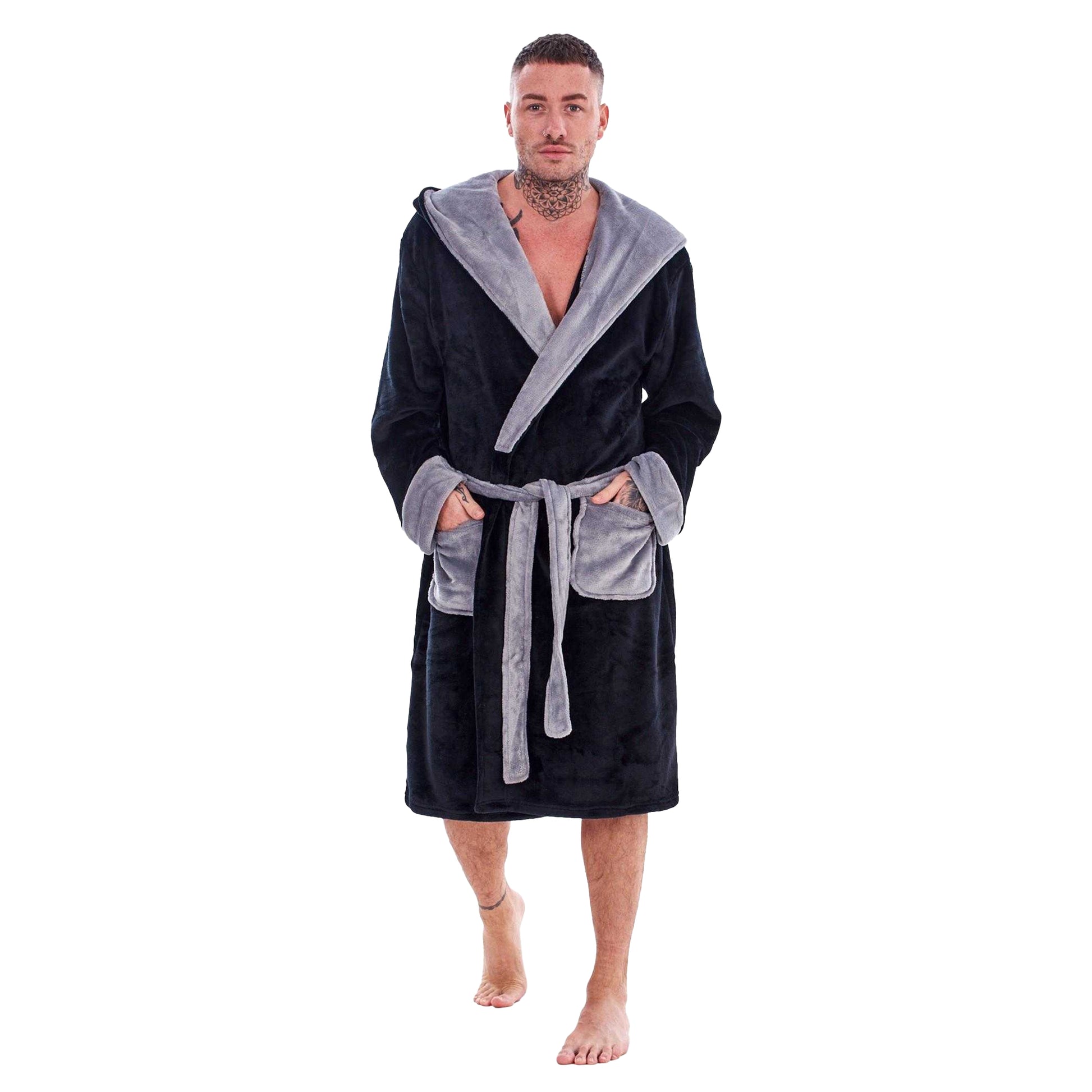 Black-Grey - Side - Keanu Mens Fleece Dressing Gown