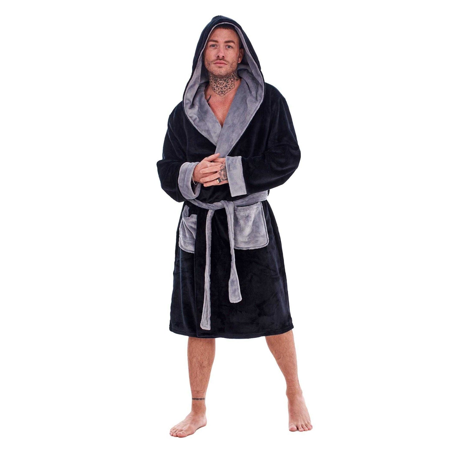 Black-Grey - Pack Shot - Keanu Mens Fleece Dressing Gown