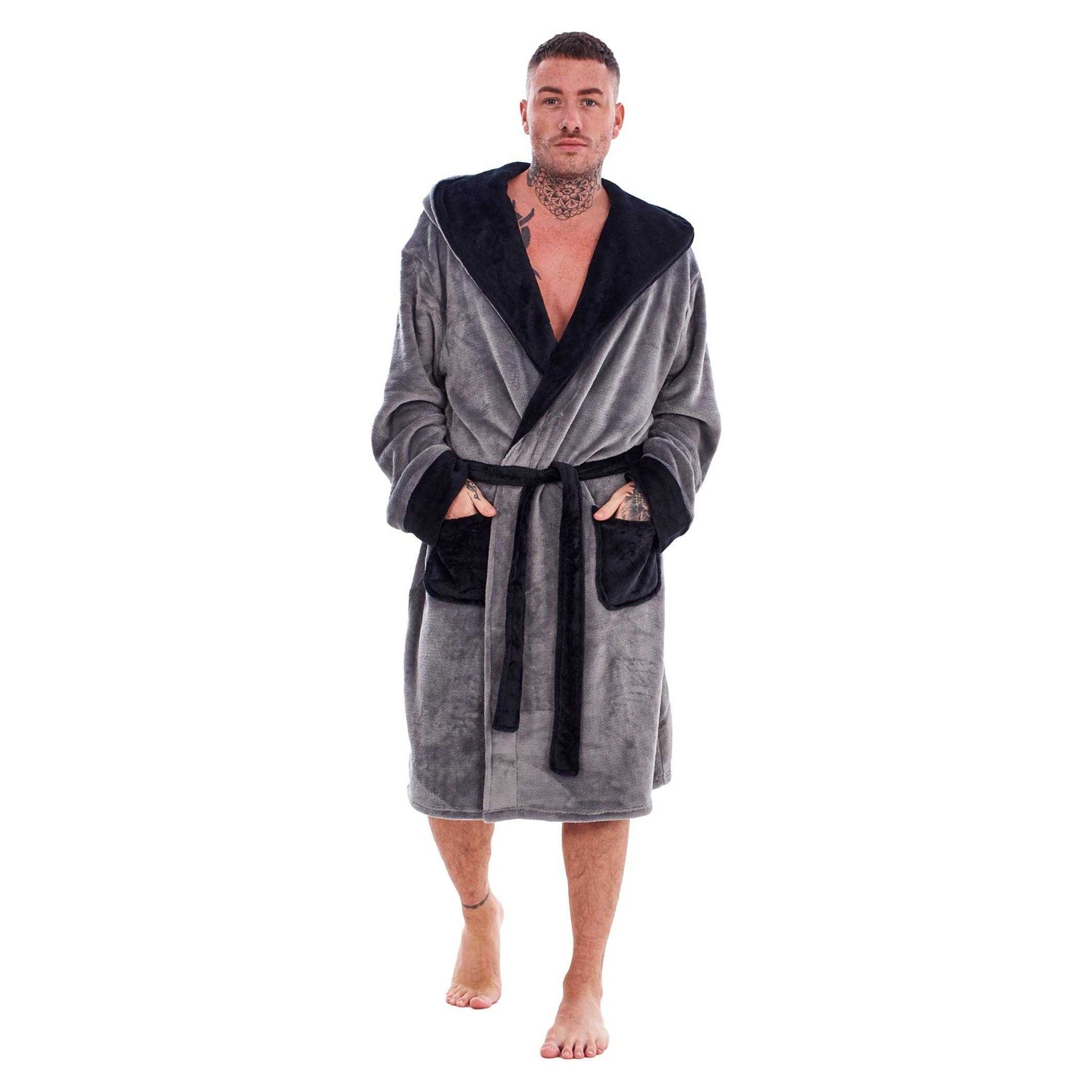Grey-Black - Lifestyle - Keanu Mens Fleece Dressing Gown