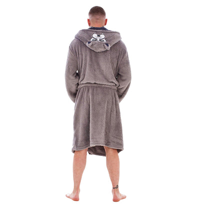 Brown-Black - Back - Keanu Mens Wolf Head Fleece Dressing Gown