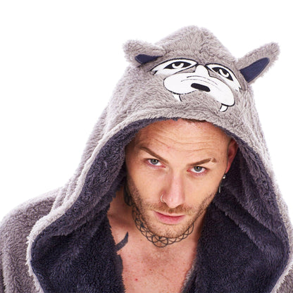 Brown-Black - Side - Keanu Mens Wolf Head Fleece Dressing Gown