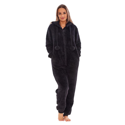 Black - Front - Keanu Womens-Ladies Fleece Jumpsuit