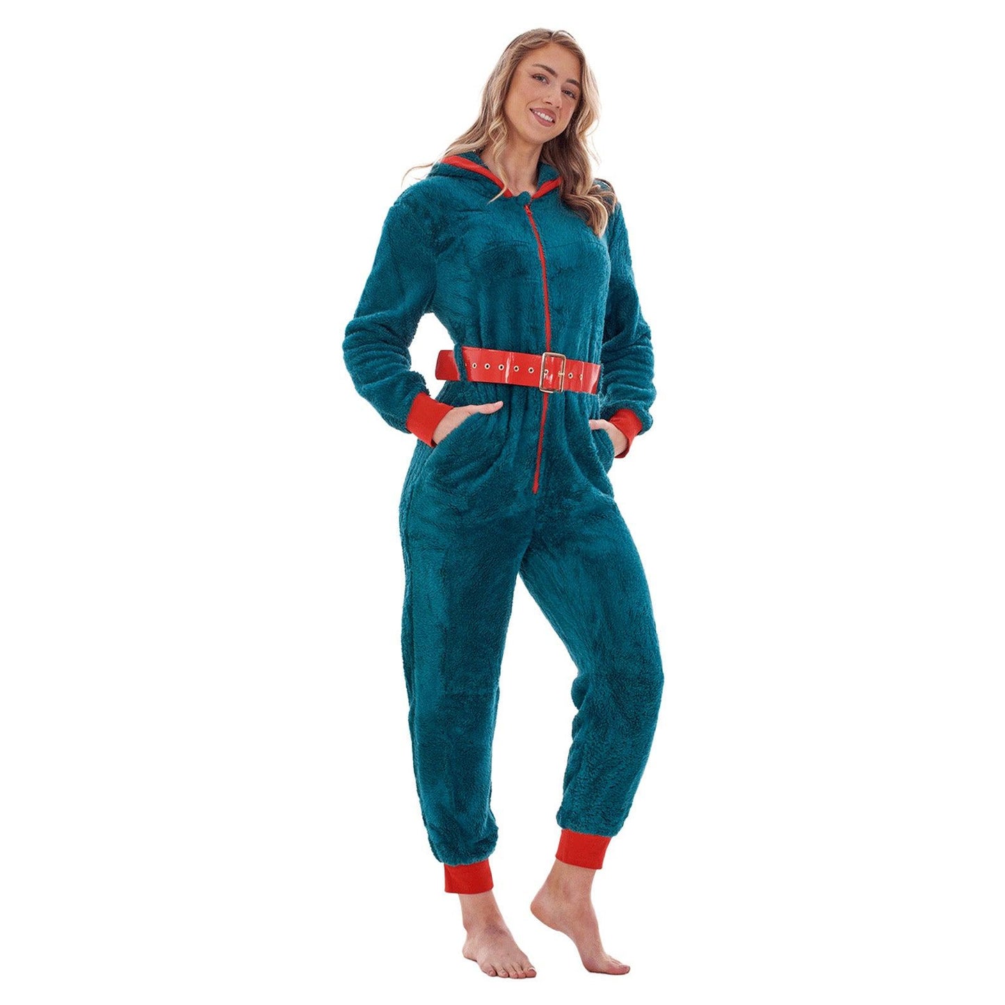 Teal-Red - Back - Keanu Womens-Ladies Elf Fleece Hooded Jumpsuit