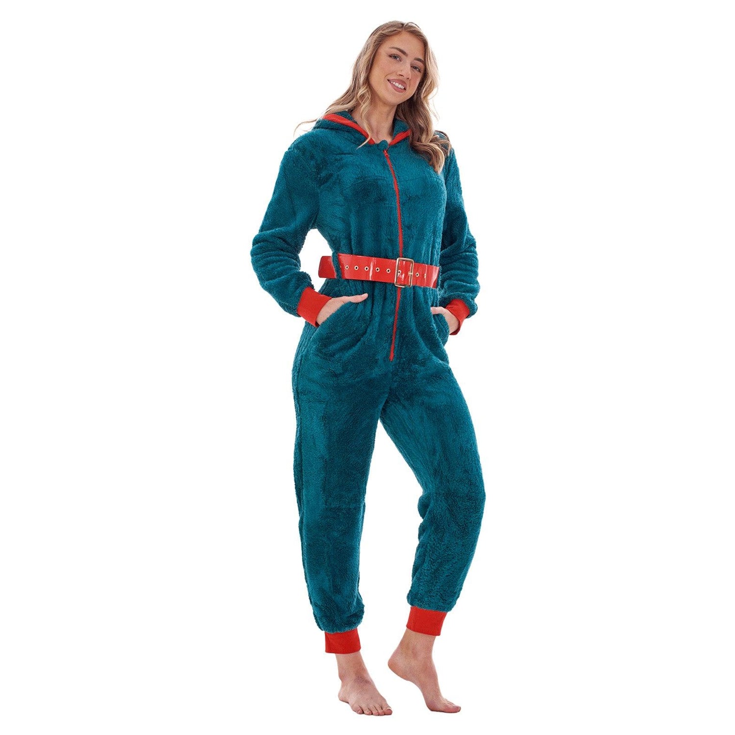 Teal-Red - Back - Keanu Womens-Ladies Elf Fleece Hooded Jumpsuit