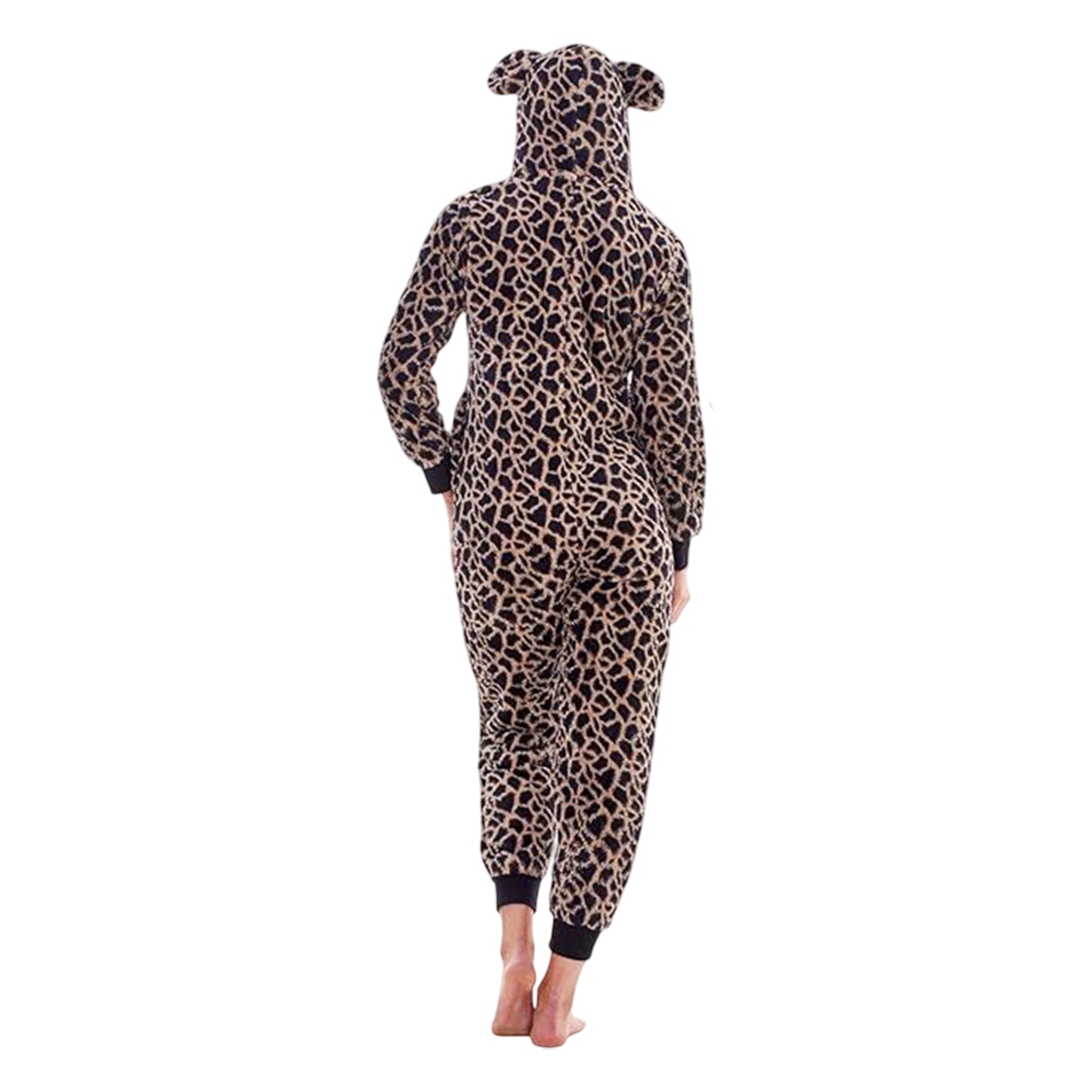 Brown-Black - Back - Keanu Womens-Ladies Leopard Print Fleece Jumpsuit