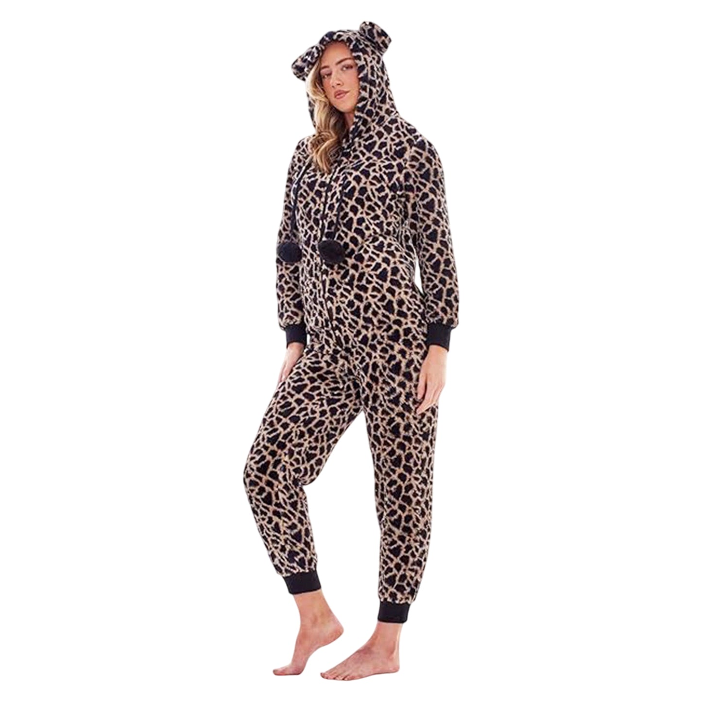 Brown-Black - Side - Keanu Womens-Ladies Leopard Print Fleece Jumpsuit