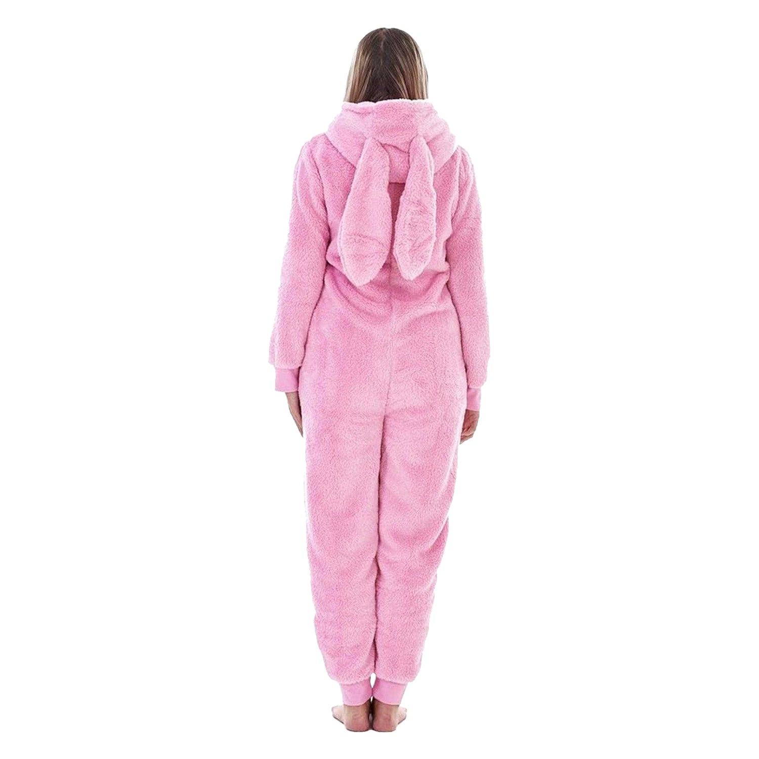 Pink - Back - Keanu Womens-Ladies Bunny Ears Fleece Hooded Jumpsuit