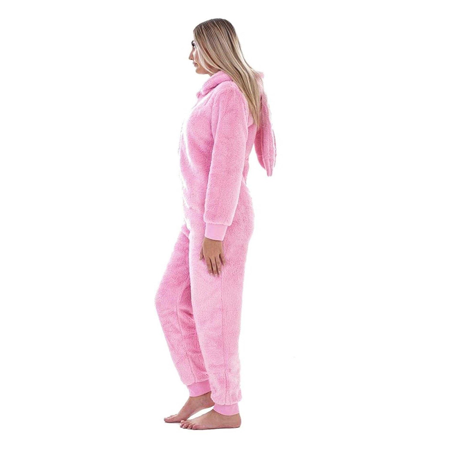 Pink - Side - Keanu Womens-Ladies Bunny Ears Fleece Hooded Jumpsuit