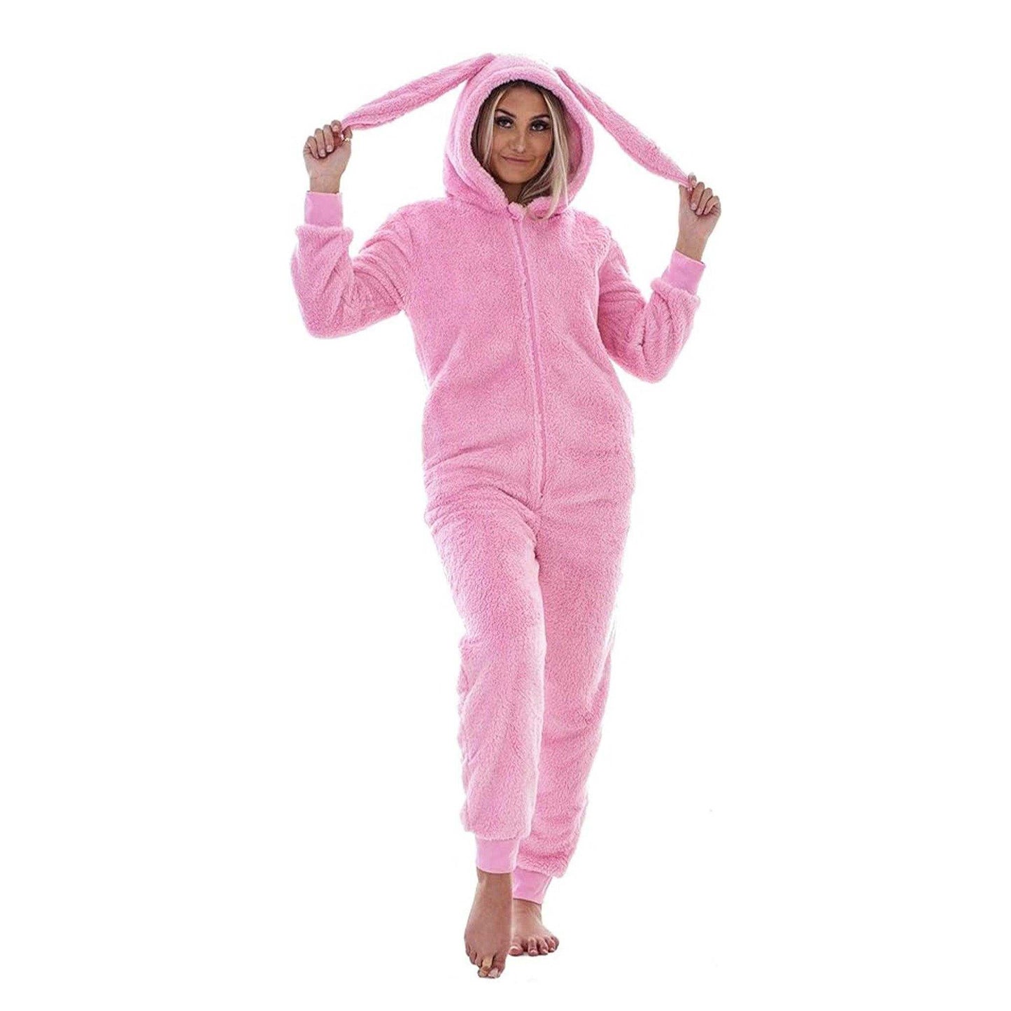 Pink - Pack Shot - Keanu Womens-Ladies Bunny Ears Fleece Hooded Jumpsuit