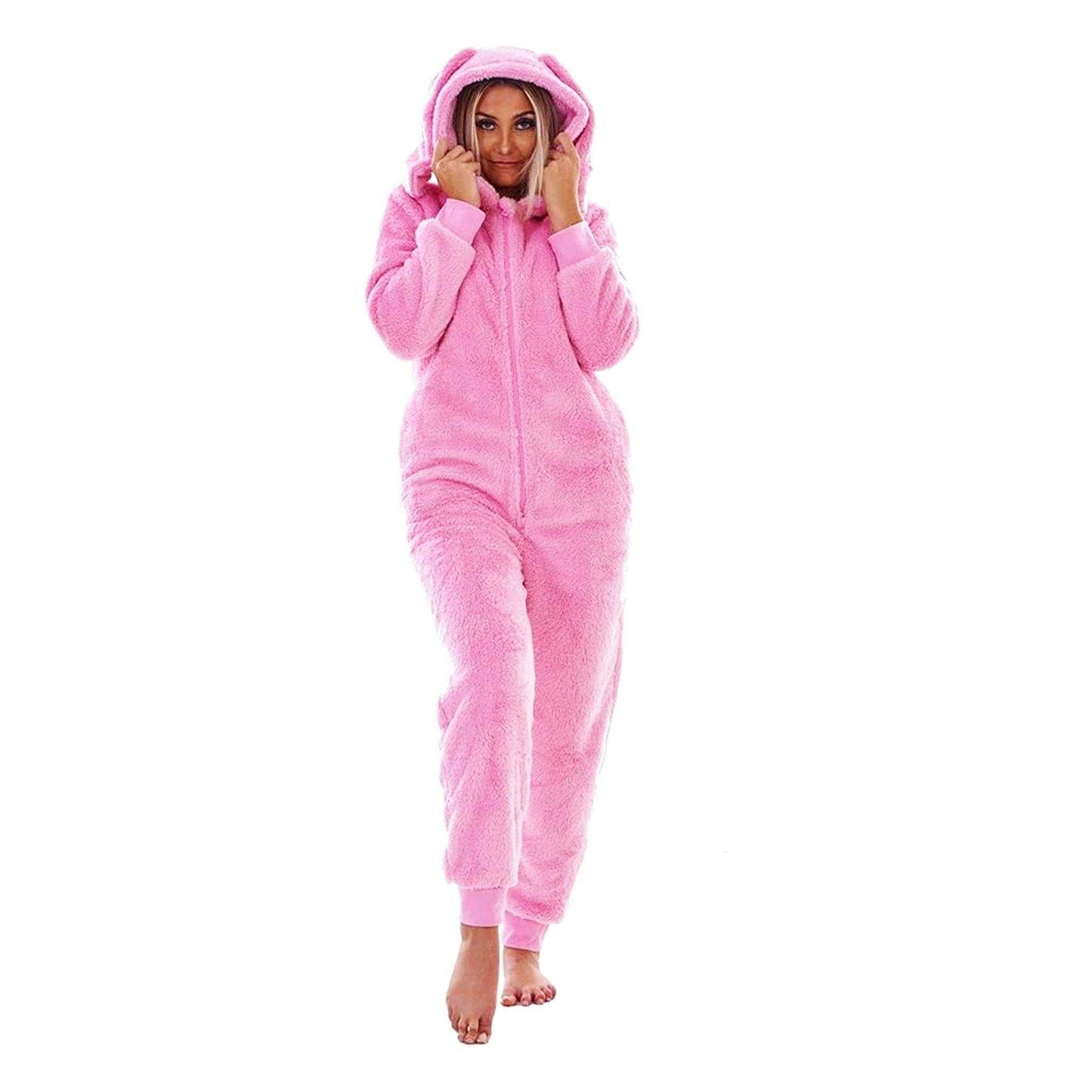 Pink - Front - Keanu Womens-Ladies Bunny Ears Fleece Hooded Jumpsuit