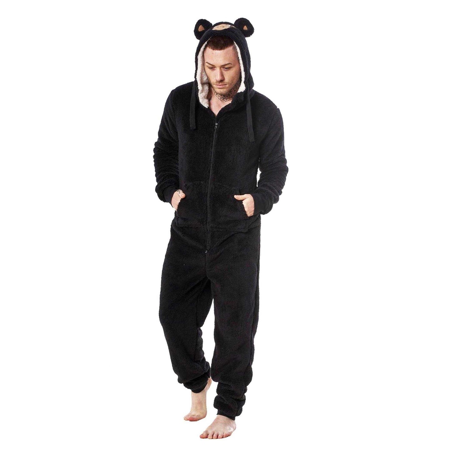 Black - Front - Keanu Mens Gorilla Head Fleece Jumpsuit