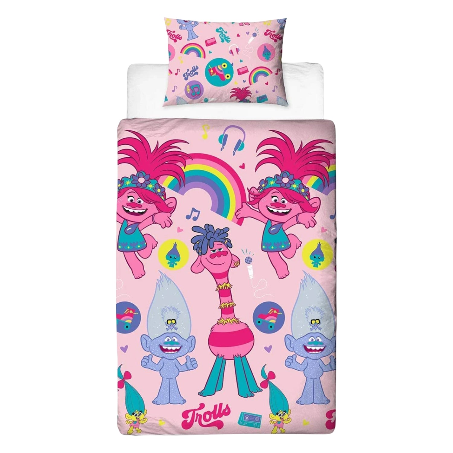 Pink-Multicoloured - Back - Trolls 2 World Tour Reversible Duvet Set