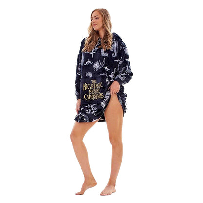 Black-White - Lifestyle - Nightmare Before Christmas Womens-Ladies Soft Sherpa Lined Oversized Blanket Hoodie