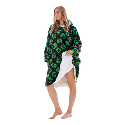 Black-Green - Side - Minecraft Unisex Adult Fleece Sherpa Lined Oversized Blanket Hoodie