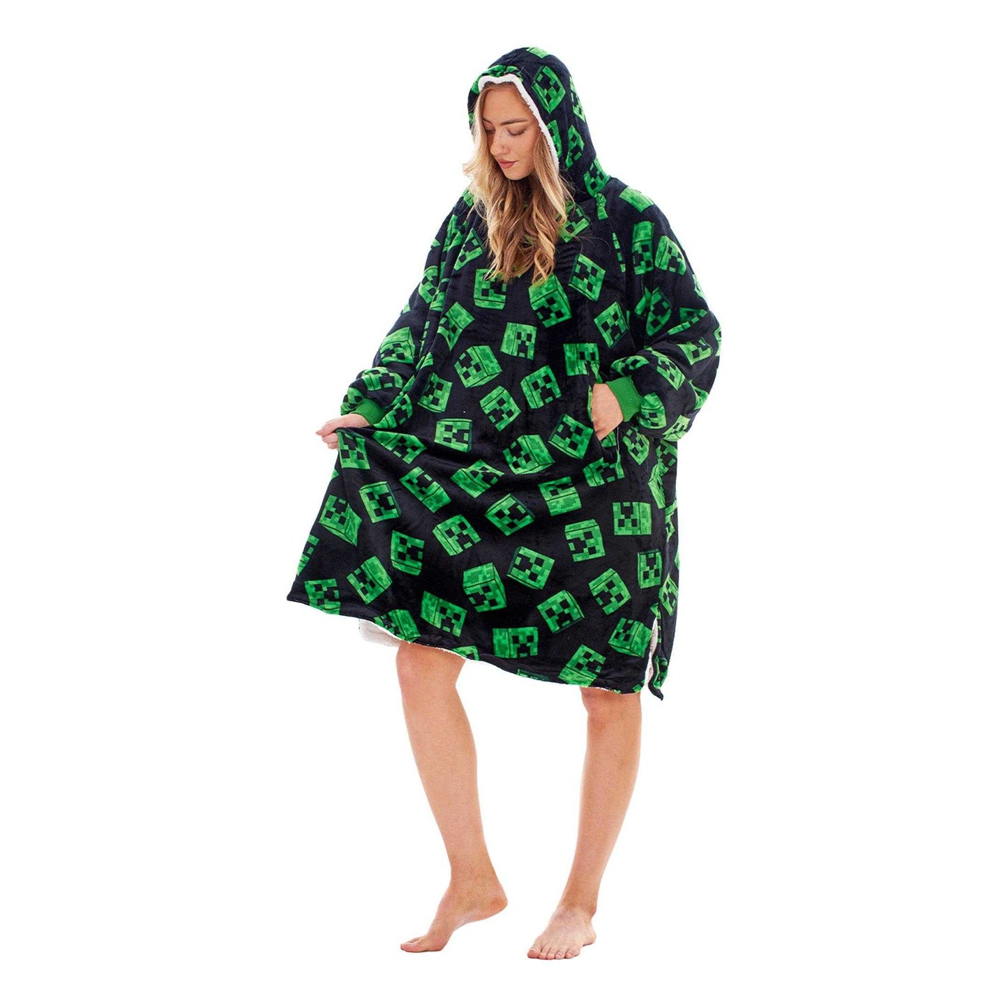 Black-Green - Front - Minecraft Unisex Adult Fleece Sherpa Lined Oversized Blanket Hoodie