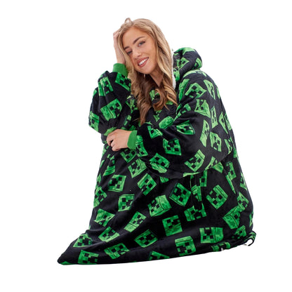 Black-Green - Back - Minecraft Unisex Adult Fleece Sherpa Lined Oversized Blanket Hoodie