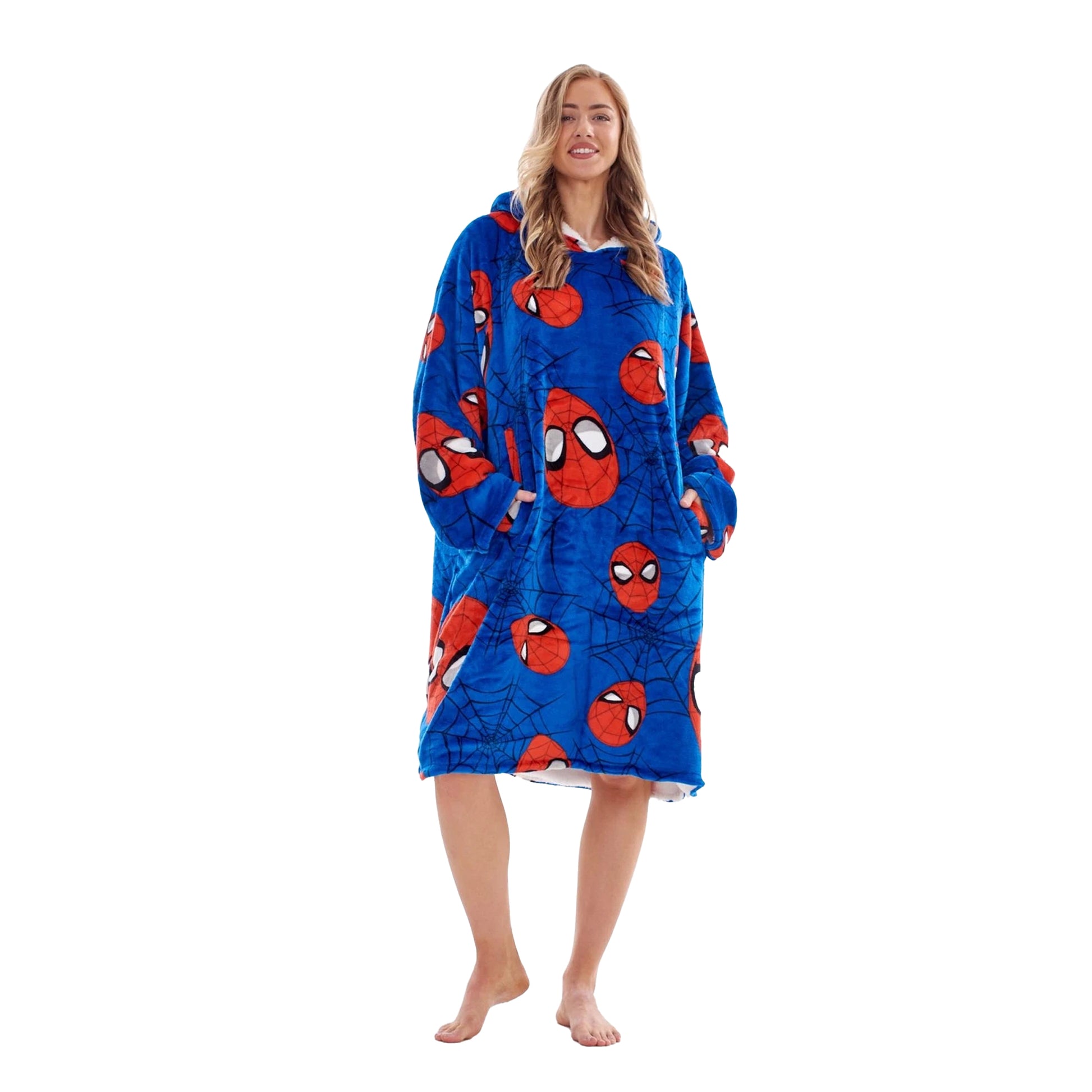 Blue-Red - Front - Spider-Man Childrens-Kids Fleece Sherpa Lined Oversized Blanket Hoodie